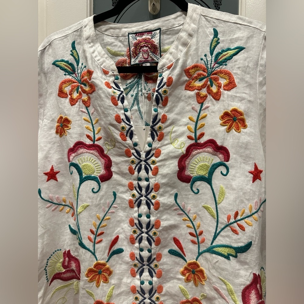 Johnny Was Floral Embroidered White Tunic 100% linen size L - Picture 3 of 8